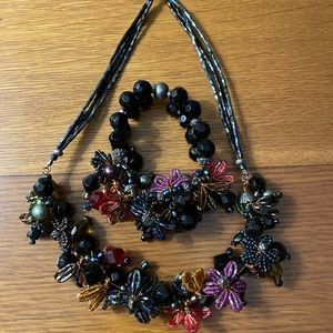 Black, multi- colored sparkle and beaded necklace and stretch bracelet